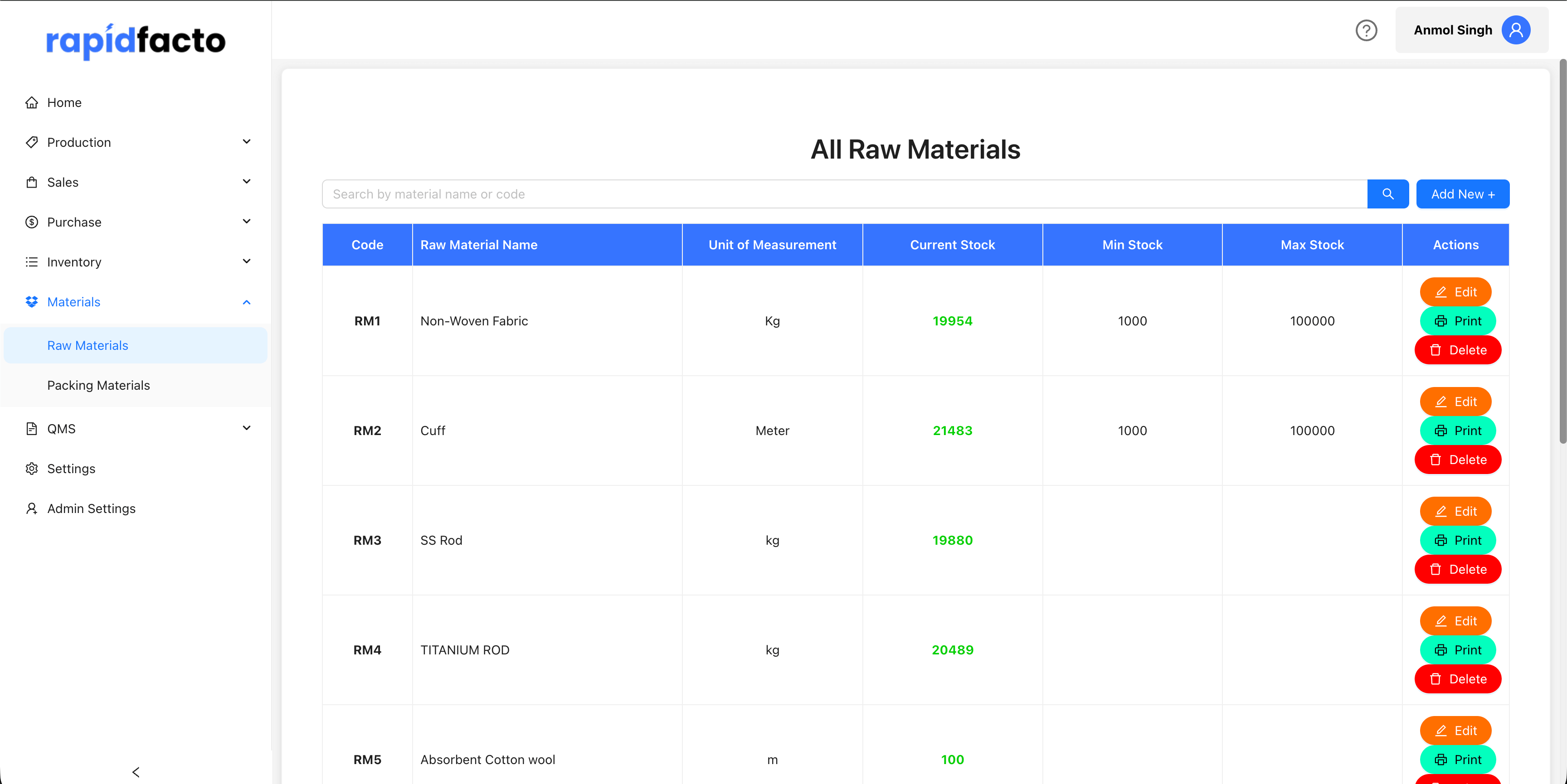 Add Raw Material button