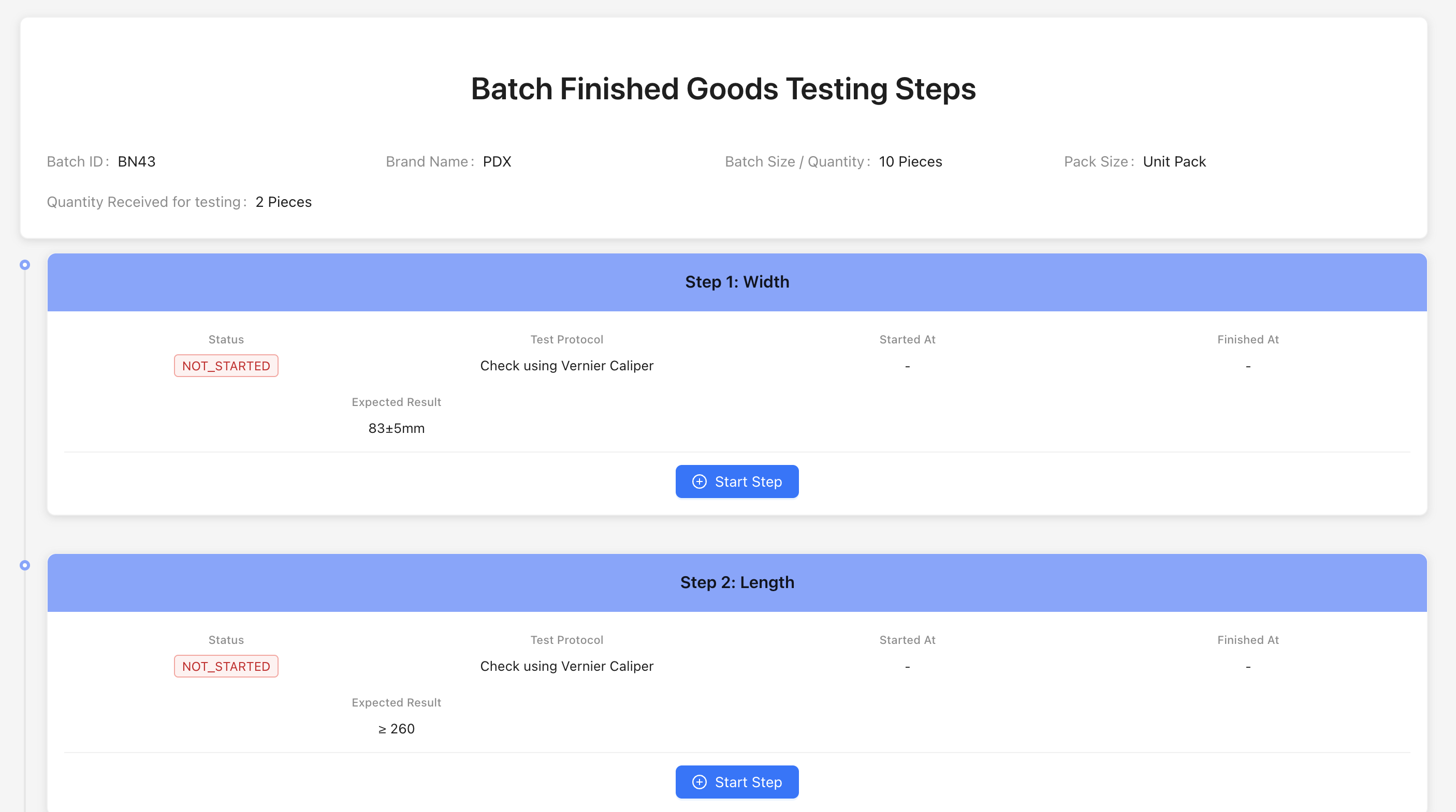 Finished Good Testing page