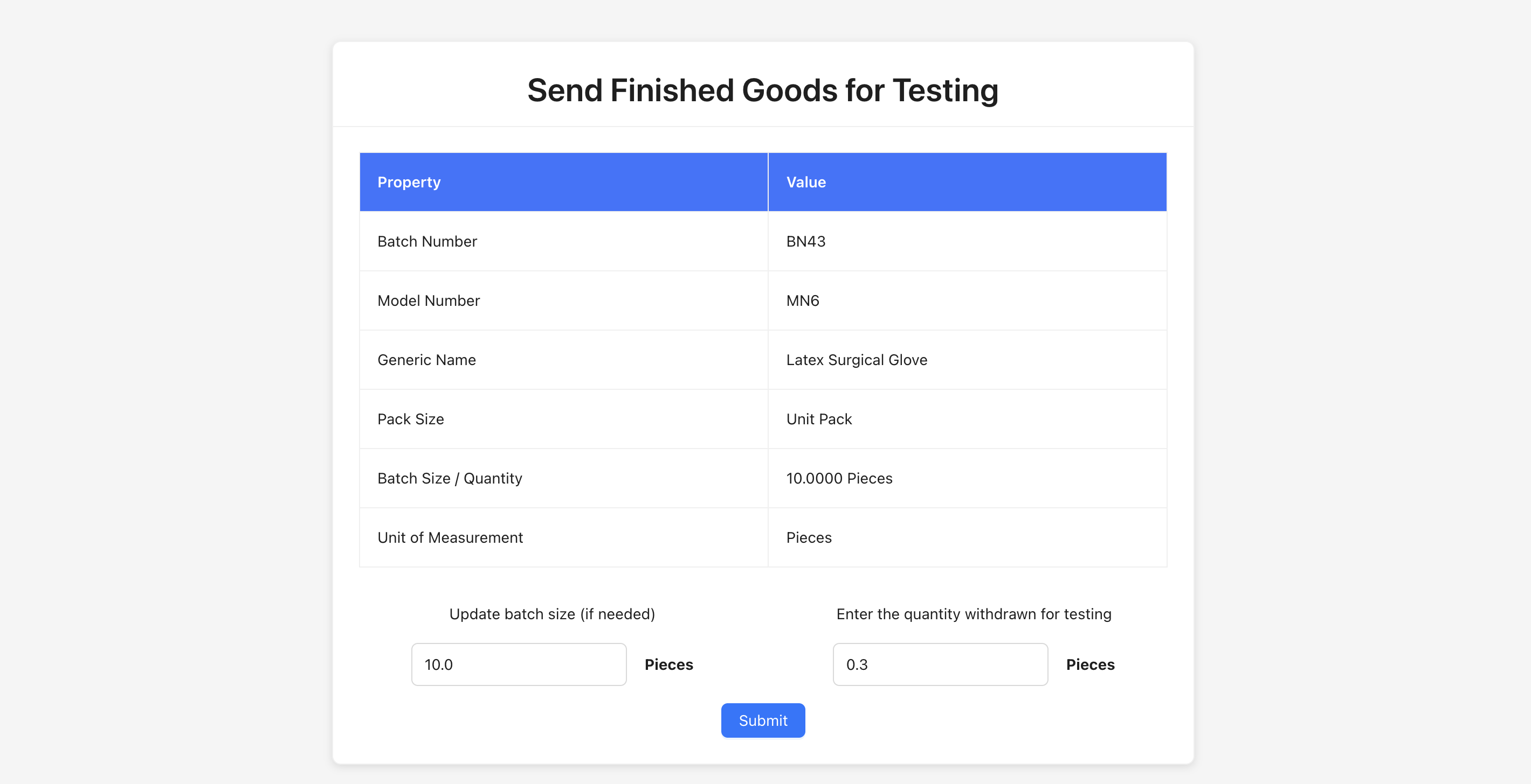 Finished Good Testing Request form