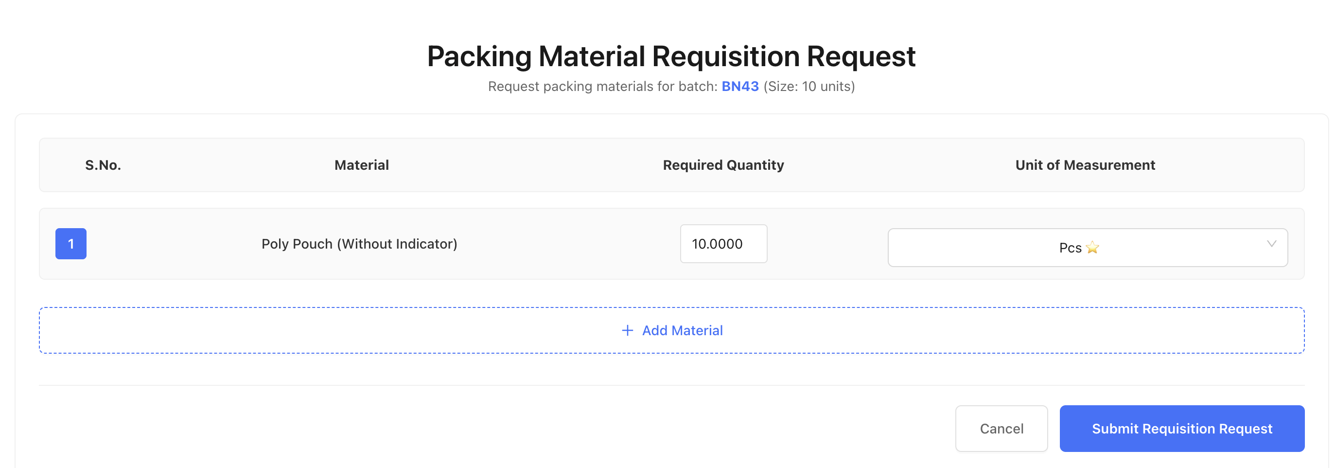 Packing Material Requisition form