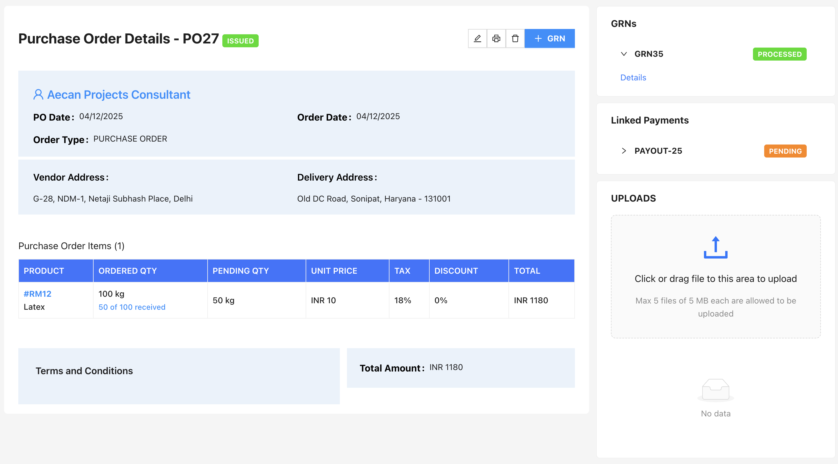 Purchase Order details page