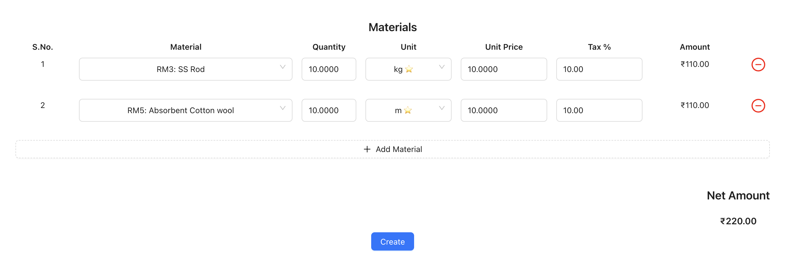 Adding materials to purchase order
