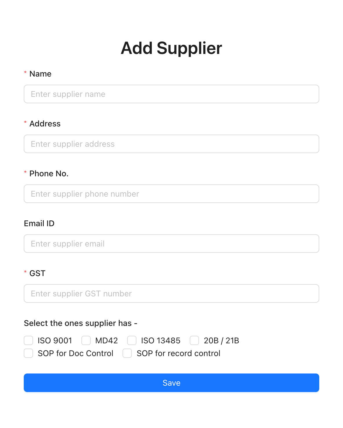 Supplier form
