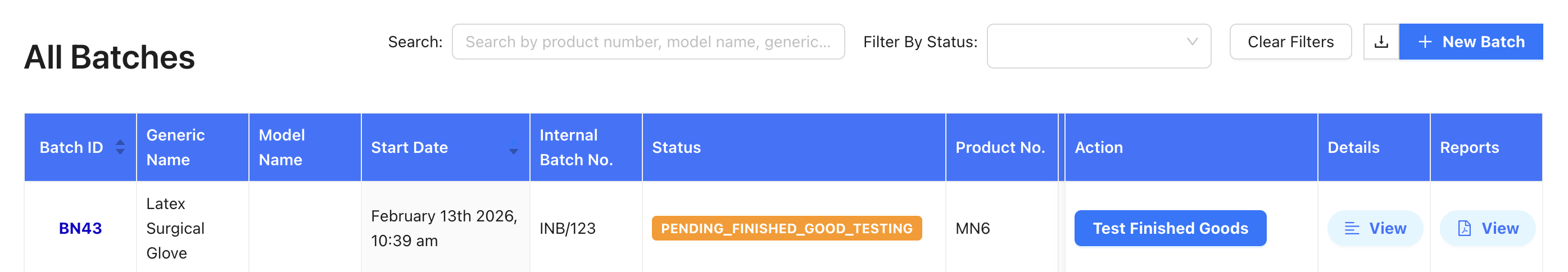 Test Finished Goods button